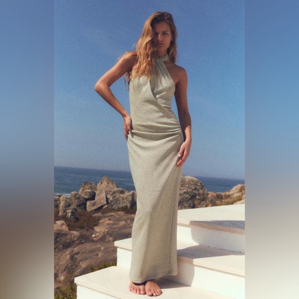 ZARA BACKLESS HALTER MAXI DRESS WITH METALLIC GOLD THREAD AND SIDE RUCHING SZ SM